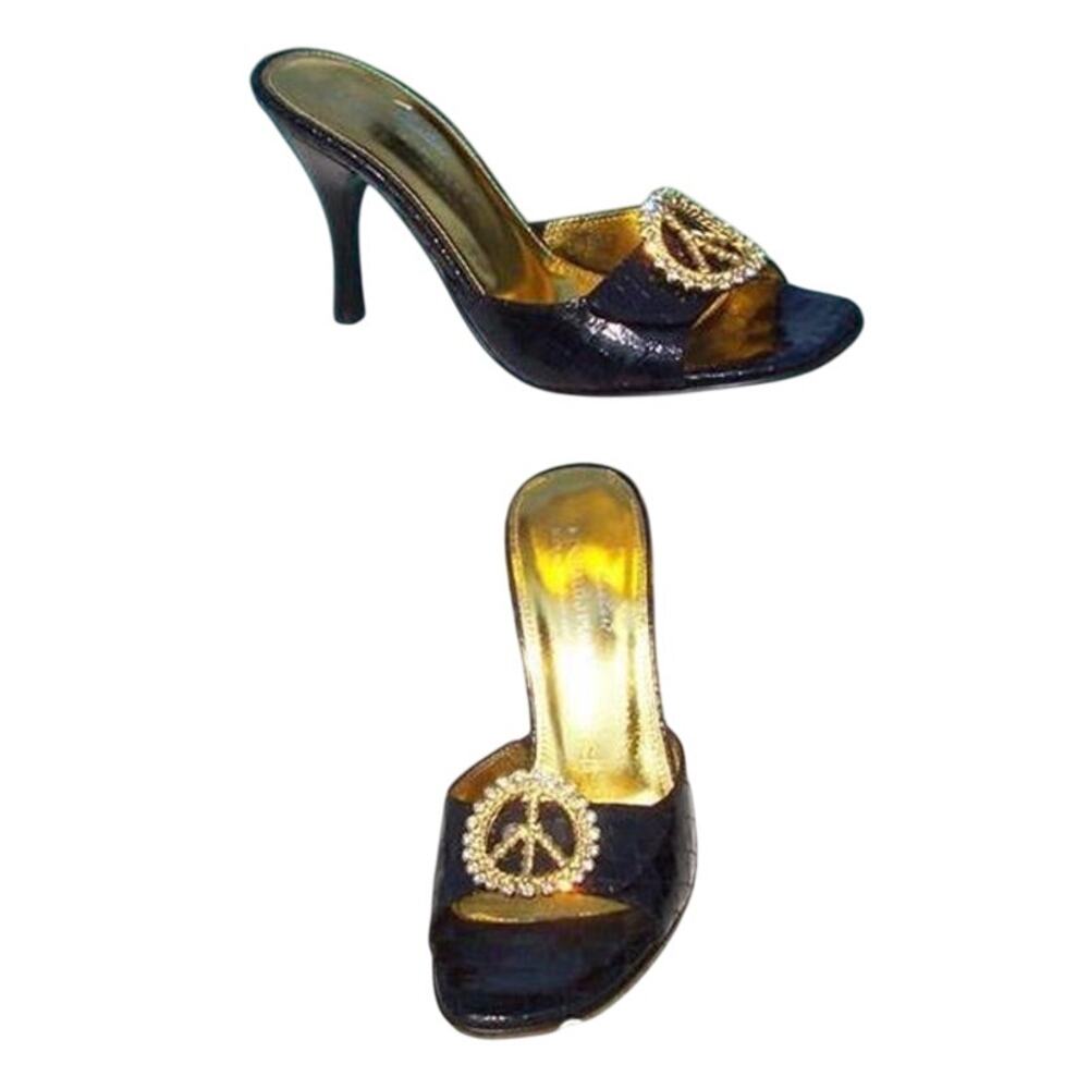 Donald Pliner Black Gator Leather Slide Shoe Mule Rhinestone Buckle NIB $280 5.5